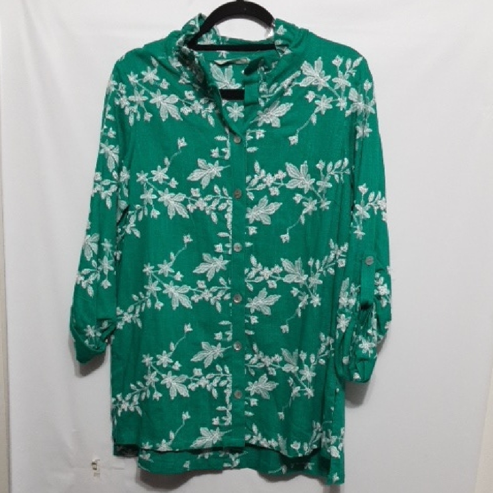 SOFT SURROUNDING Teal Green Floral Roll Tab Women's M Top